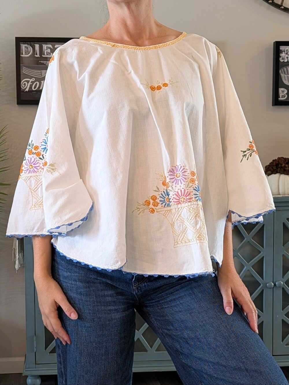ooak POPOVER TOP made from embroidered vintage tablecloth L XL